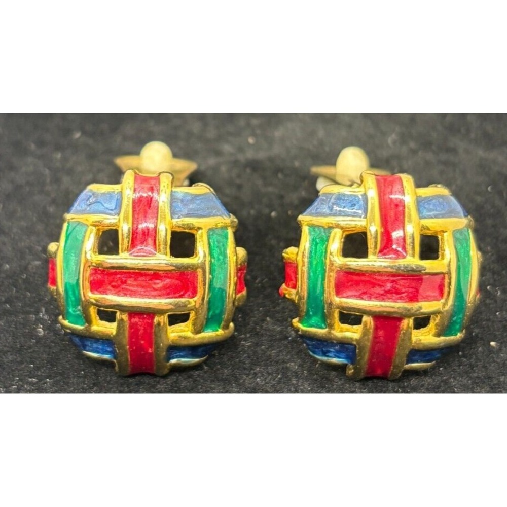 Vintage Clip On Earrings Gold Multi‎ Color Enamel Basketweave Boho Statement